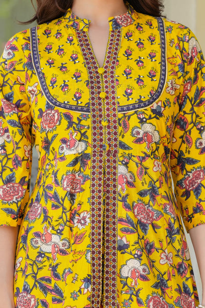 Yellow Floral Printed Anarkali Kurta Set for Women – Coordinated Pants & Flowing Dupatta | Festive & Everyday Ethnic Wear