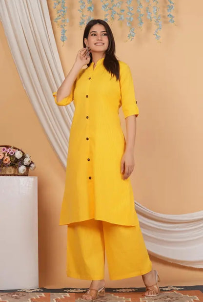 Bright Yellow Cotton Katha Work Co-Ord Set for Women – Button-Down Long Kurta with Matching Straight Pants