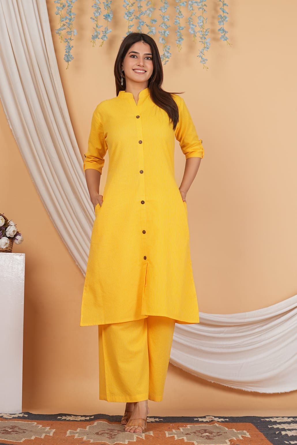 Bright Yellow Cotton Katha Work Co-Ord Set for Women – Button-Down Long Kurta with Matching Straight Pants