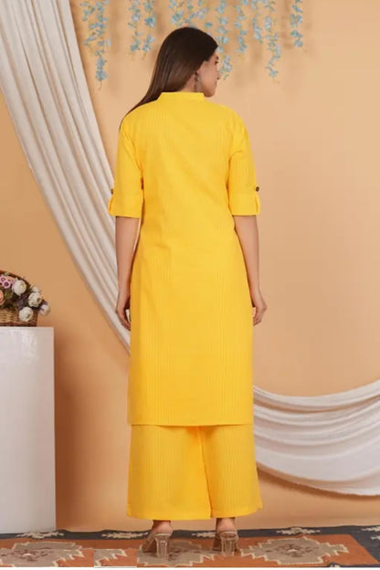 Bright Yellow Cotton Katha Work Co-Ord Set for Women – Button-Down Long Kurta with Matching Straight Pants