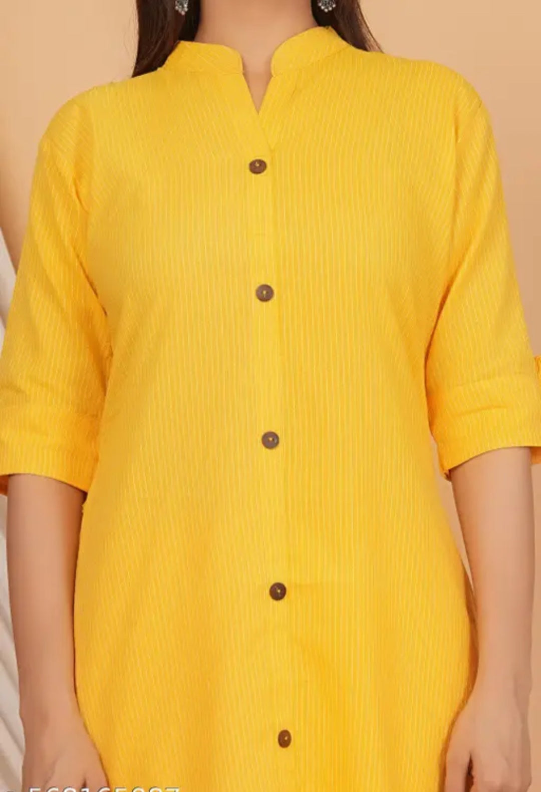 Bright Yellow Cotton Katha Work Co-Ord Set for Women – Button-Down Long Kurta with Matching Straight Pants
