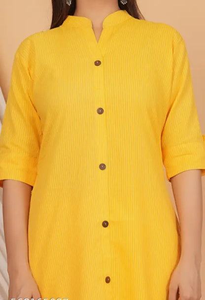 Bright Yellow Cotton Katha Work Co-Ord Set for Women – Button-Down Long Kurta with Matching Straight Pants