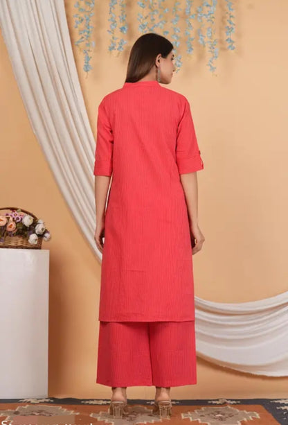 Coral Red Cotton Katha Work Co-Ord Set for Women – Button-Down Long Kurta with Matching Wide-Leg Pants
