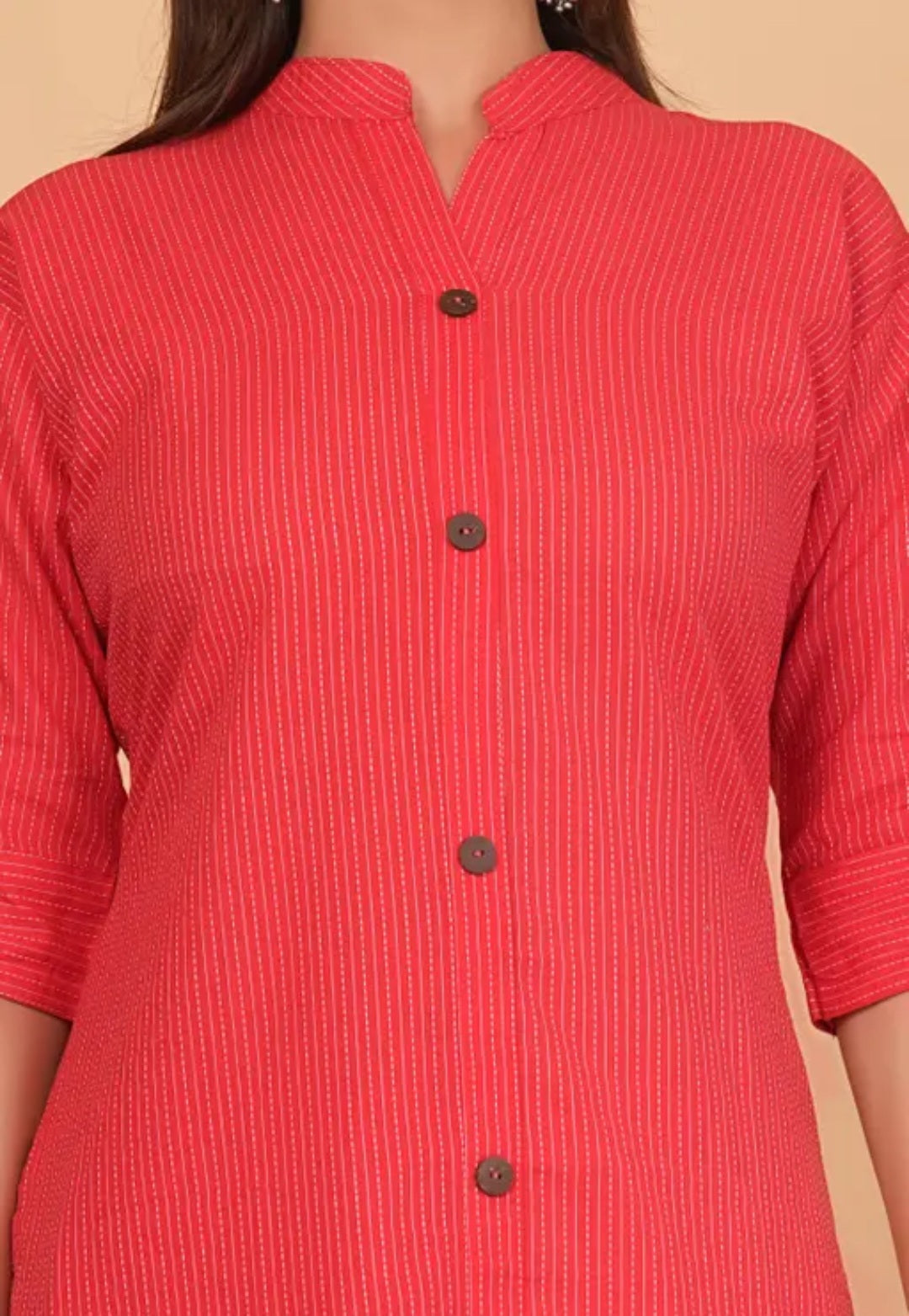 Coral Red Cotton Katha Work Co-Ord Set for Women – Button-Down Long Kurta with Matching Wide-Leg Pants