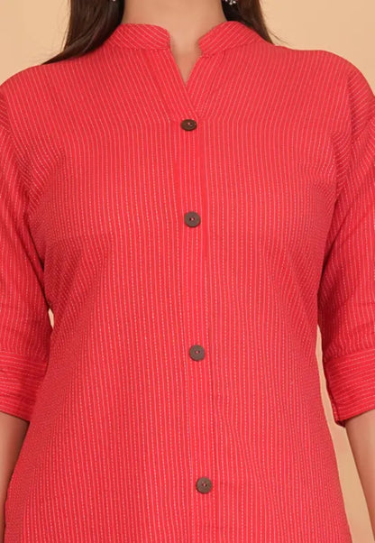 Coral Red Cotton Katha Work Co-Ord Set for Women – Button-Down Long Kurta with Matching Wide-Leg Pants