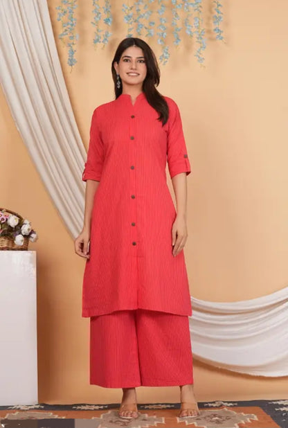 Coral Red Cotton Katha Work Co-Ord Set for Women – Button-Down Long Kurta with Matching Wide-Leg Pants