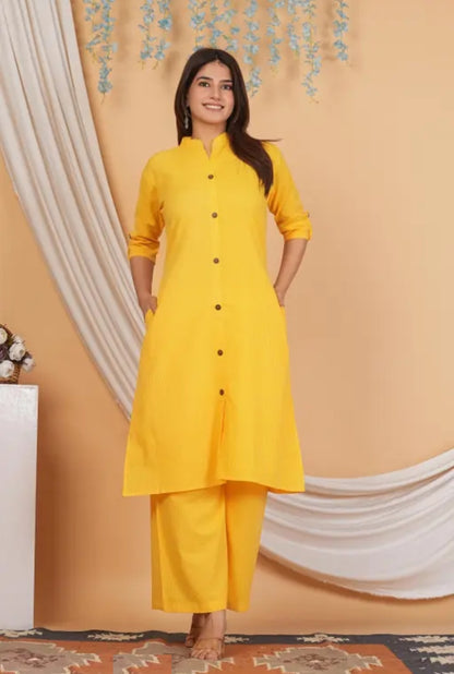 Bright Yellow Cotton Katha Work Co-Ord Set for Women – Button-Down Long Kurta with Matching Straight Pants