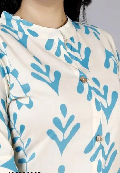 White & Turquoise Ethnic Printed Straight Kurta Set