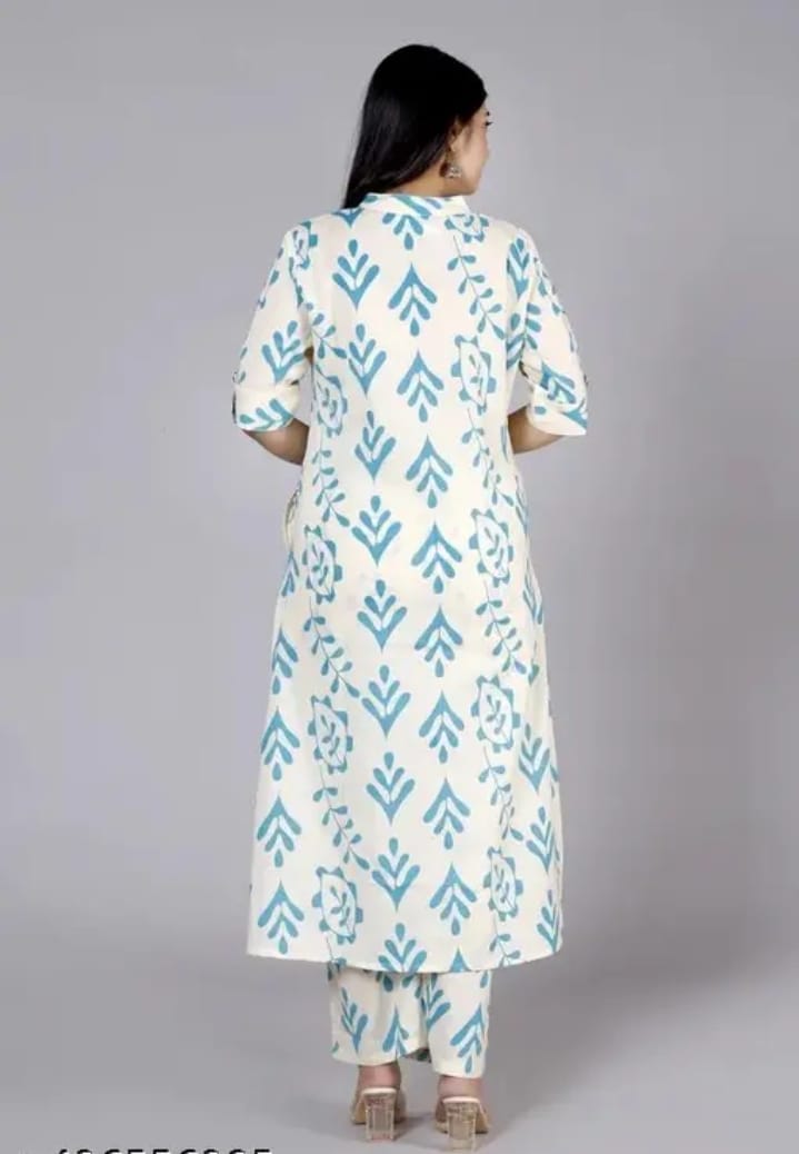White & Turquoise Ethnic Printed Straight Kurta Set