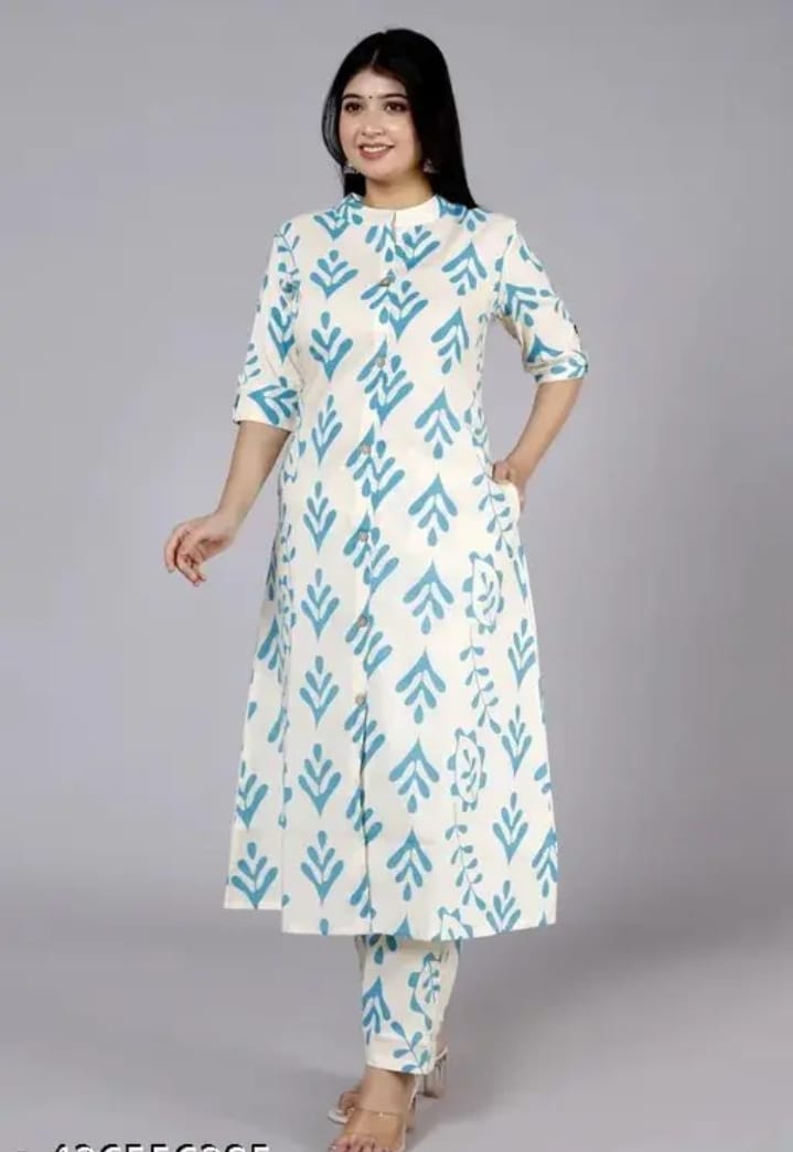 White & Turquoise Ethnic Printed Straight Kurta Set