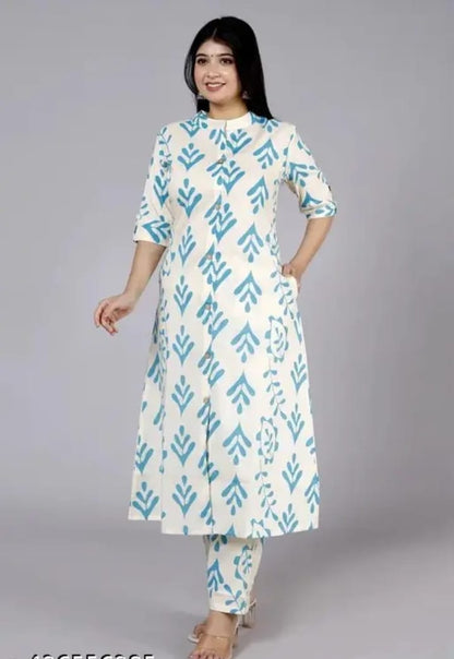 White & Turquoise Ethnic Printed Straight Kurta Set