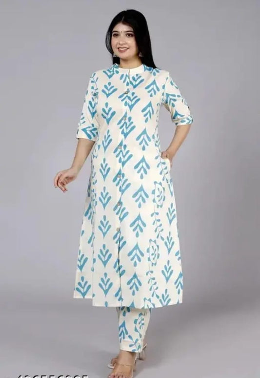 White & Turquoise Ethnic Printed Straight Kurta Set