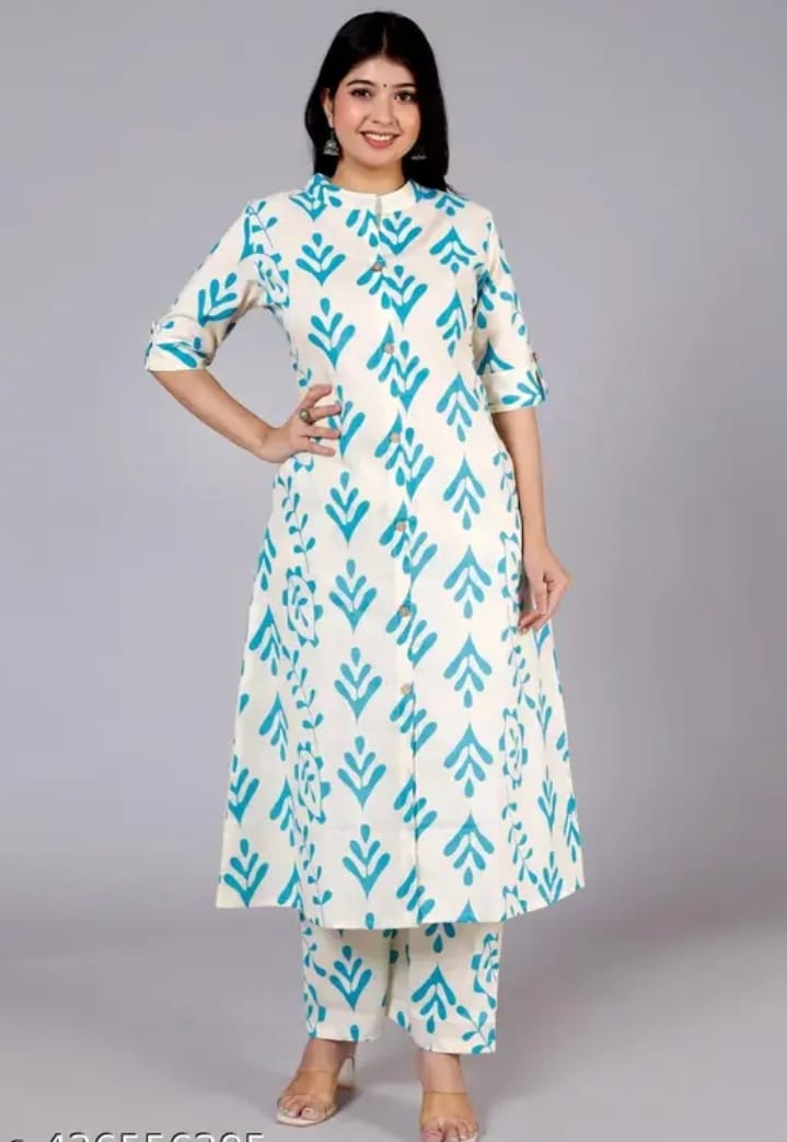 White & Turquoise Ethnic Printed Straight Kurta Set