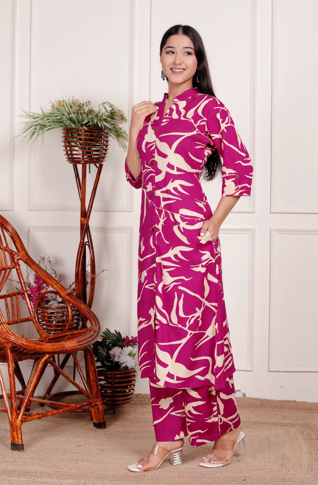 Magenta & Cream Abstract Print Co-Ord Set for Women – Stylish Button-Down Kurta with Matching Pants