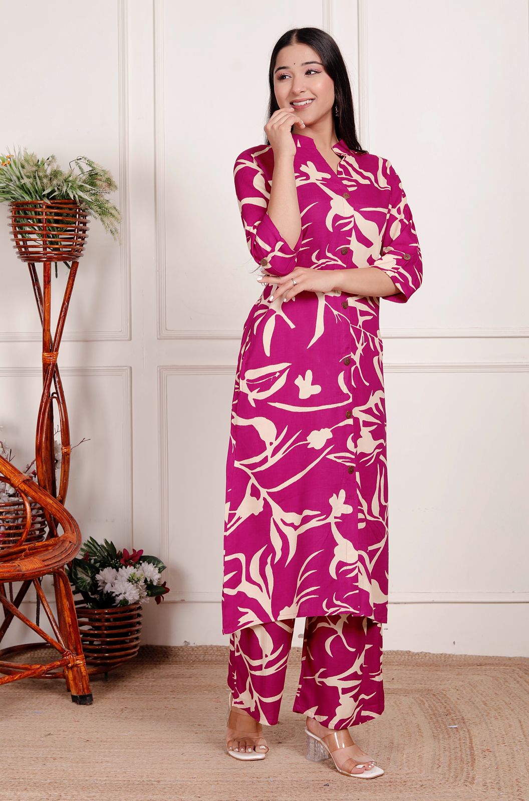 Magenta & Cream Abstract Print Co-Ord Set for Women – Stylish Button-Down Kurta with Matching Pants