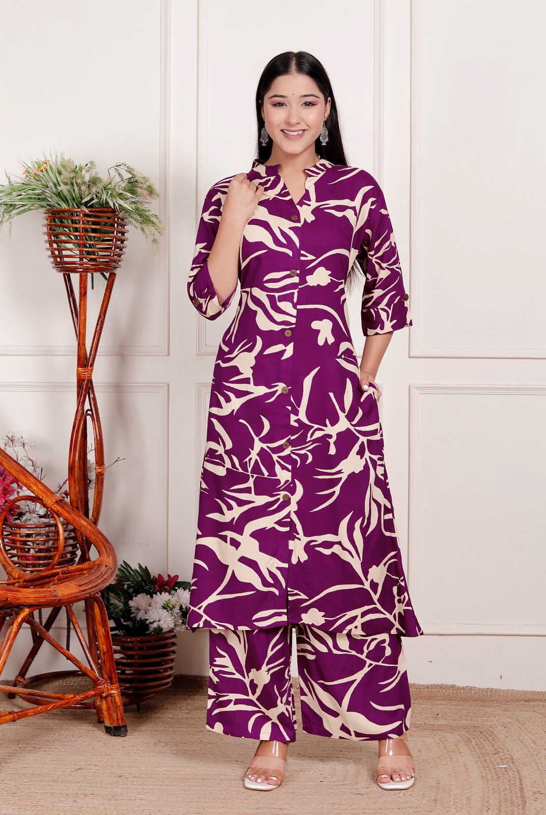 Purple & Beige Abstract Print Co-Ord Set for Women – Elegant Button-Down Kurta with Matching Printed Pants