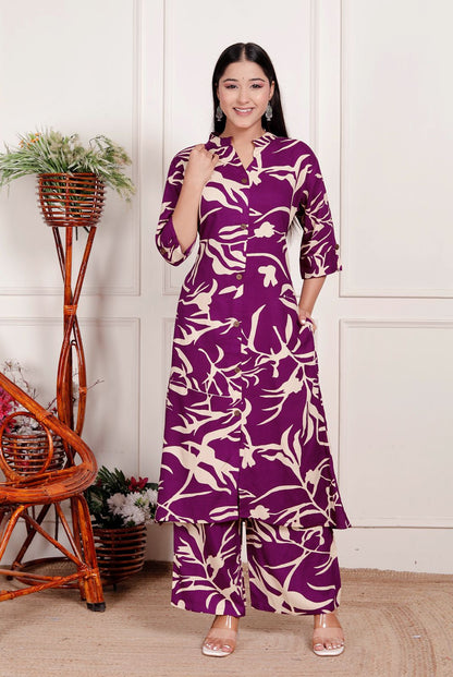 Purple & Beige Abstract Print Co-Ord Set for Women – Elegant Button-Down Kurta with Matching Printed Pants