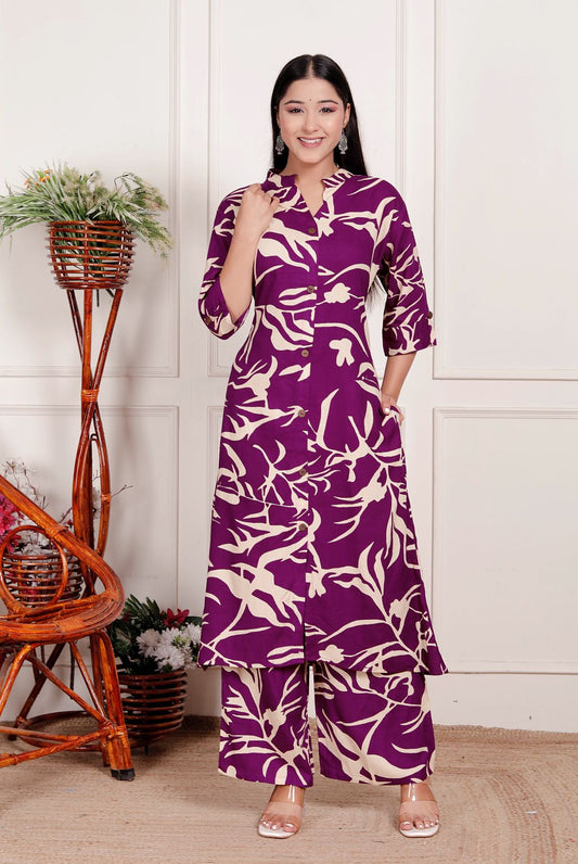 Purple & Beige Abstract Print Co-Ord Set for Women – Elegant Button-Down Kurta with Matching Printed Pants