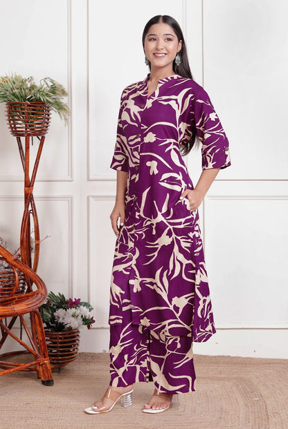 Purple & Beige Abstract Print Co-Ord Set for Women – Elegant Button-Down Kurta with Matching Printed Pants