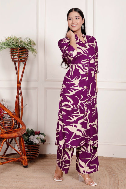 Purple & Beige Abstract Print Co-Ord Set for Women – Elegant Button-Down Kurta with Matching Printed Pants
