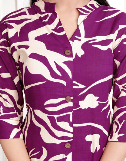 Purple & Beige Abstract Print Co-Ord Set for Women – Elegant Button-Down Kurta with Matching Printed Pants