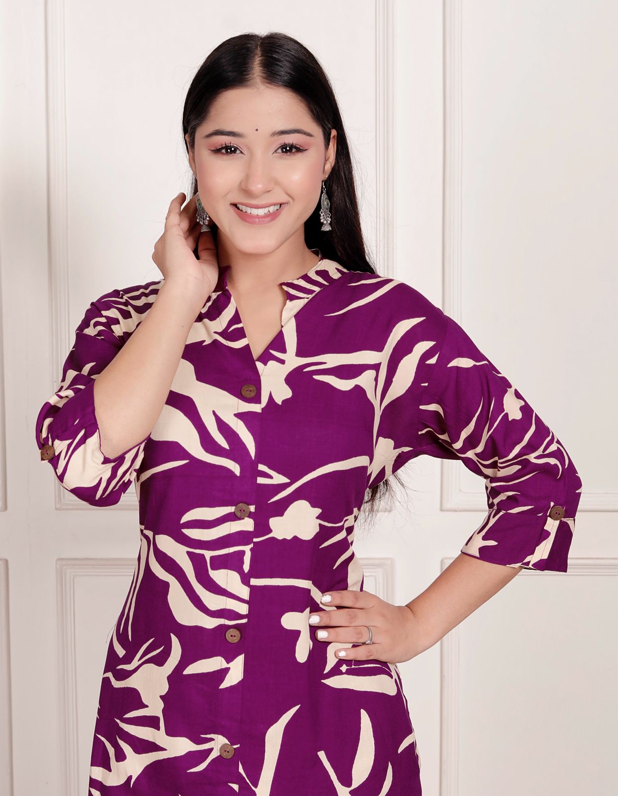 Purple & Beige Abstract Print Co-Ord Set for Women – Elegant Button-Down Kurta with Matching Printed Pants