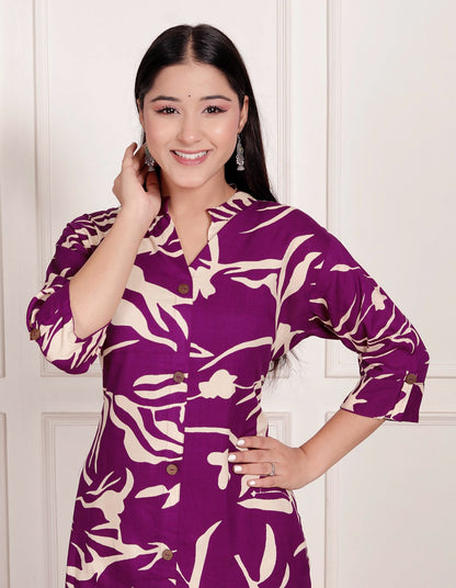 Purple & Beige Abstract Print Co-Ord Set for Women – Elegant Button-Down Kurta with Matching Printed Pants