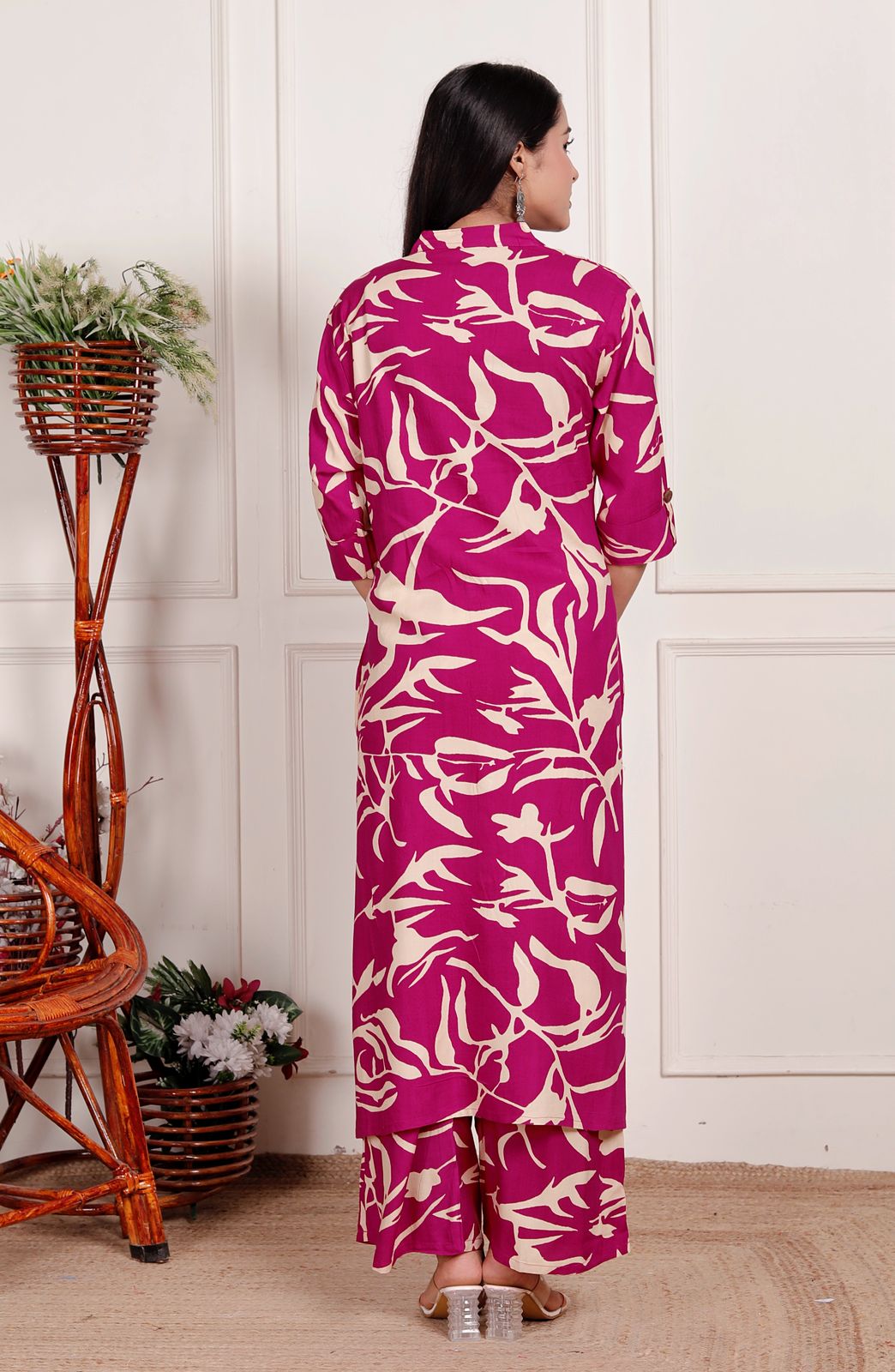 Magenta & Cream Abstract Print Co-Ord Set for Women – Stylish Button-Down Kurta with Matching Pants