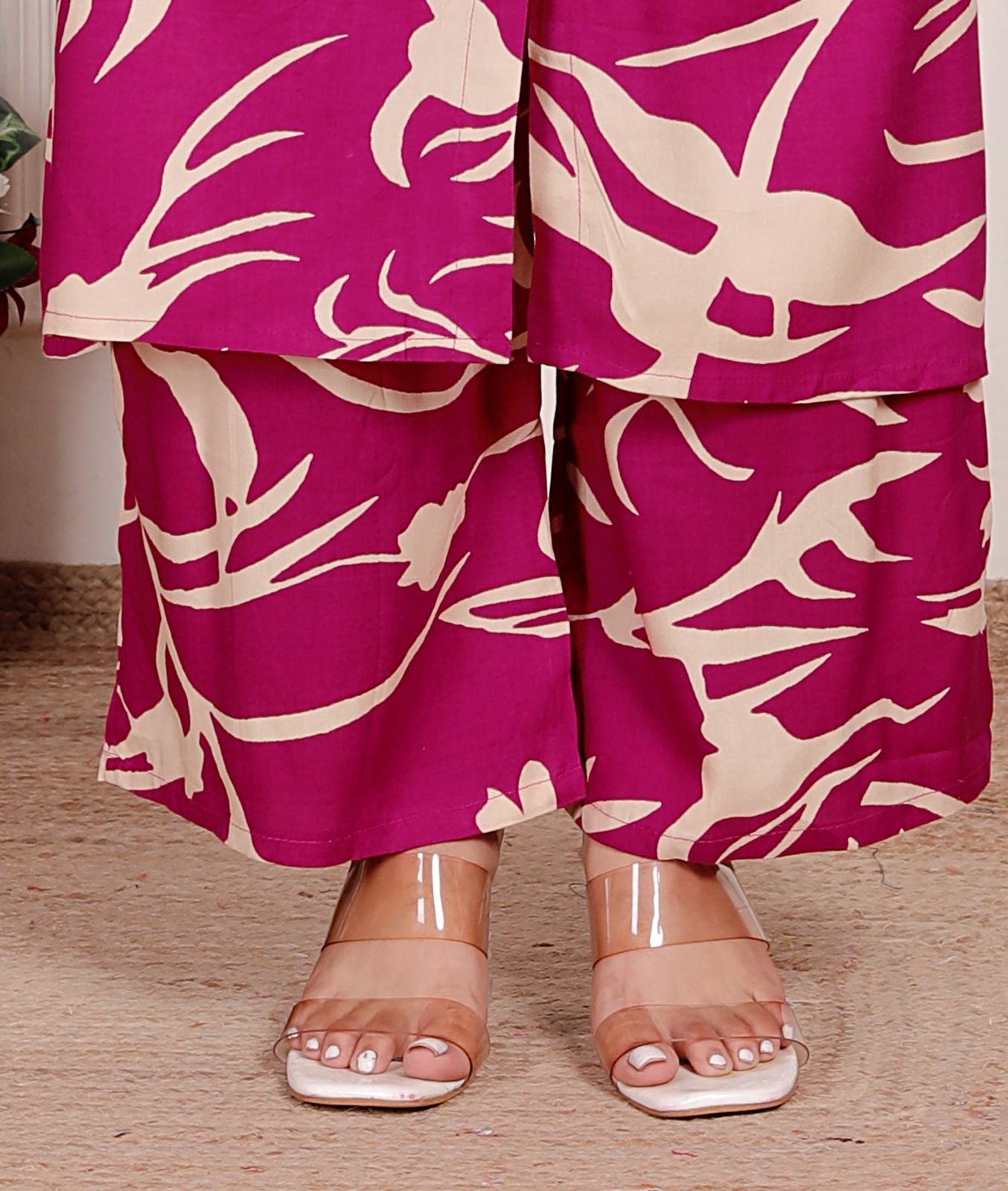 Magenta & Cream Abstract Print Co-Ord Set for Women – Stylish Button-Down Kurta with Matching Pants