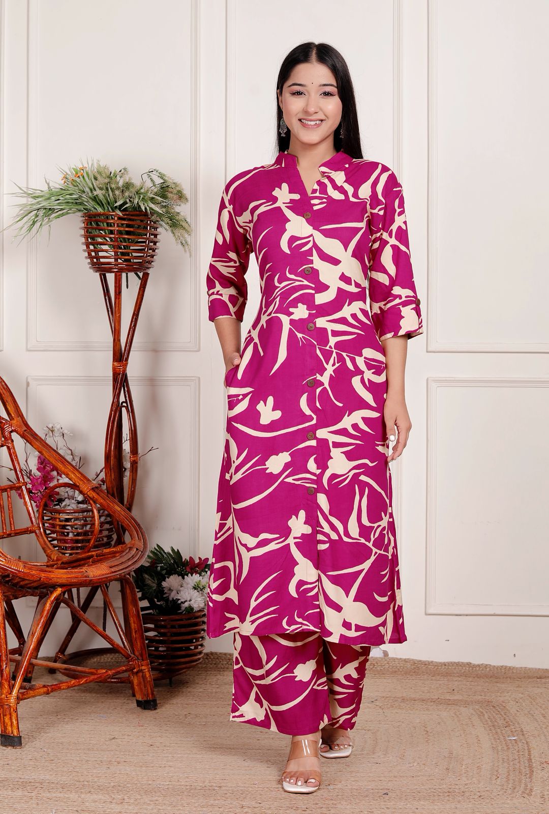 Magenta & Cream Abstract Print Co-Ord Set for Women – Stylish Button-Down Kurta with Matching Pants