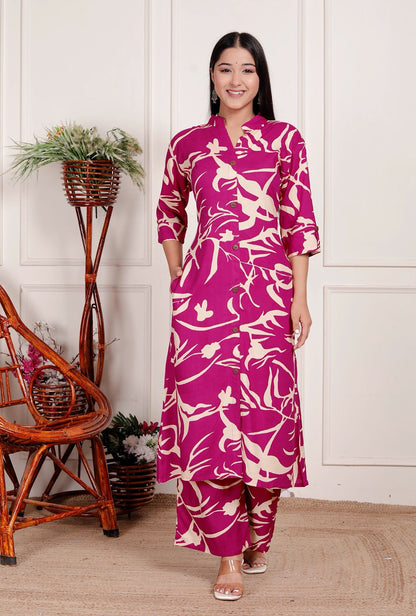Magenta & Cream Abstract Print Co-Ord Set for Women – Stylish Button-Down Kurta with Matching Pants