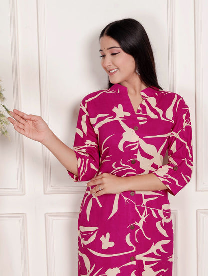 Magenta & Cream Abstract Print Co-Ord Set for Women – Stylish Button-Down Kurta with Matching Pants