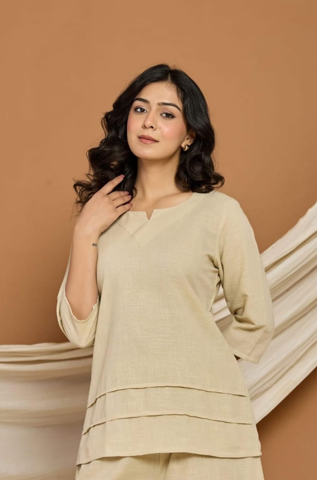 Elegant Beige Pure Cotton Co-ord Set for Women – V-Neck Top & Wide-Leg Pants