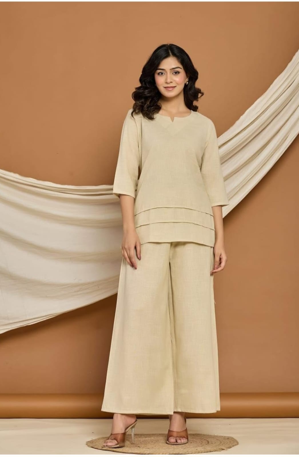 Elegant Beige Pure Cotton Co-ord Set for Women – V-Neck Top & Wide-Leg Pants