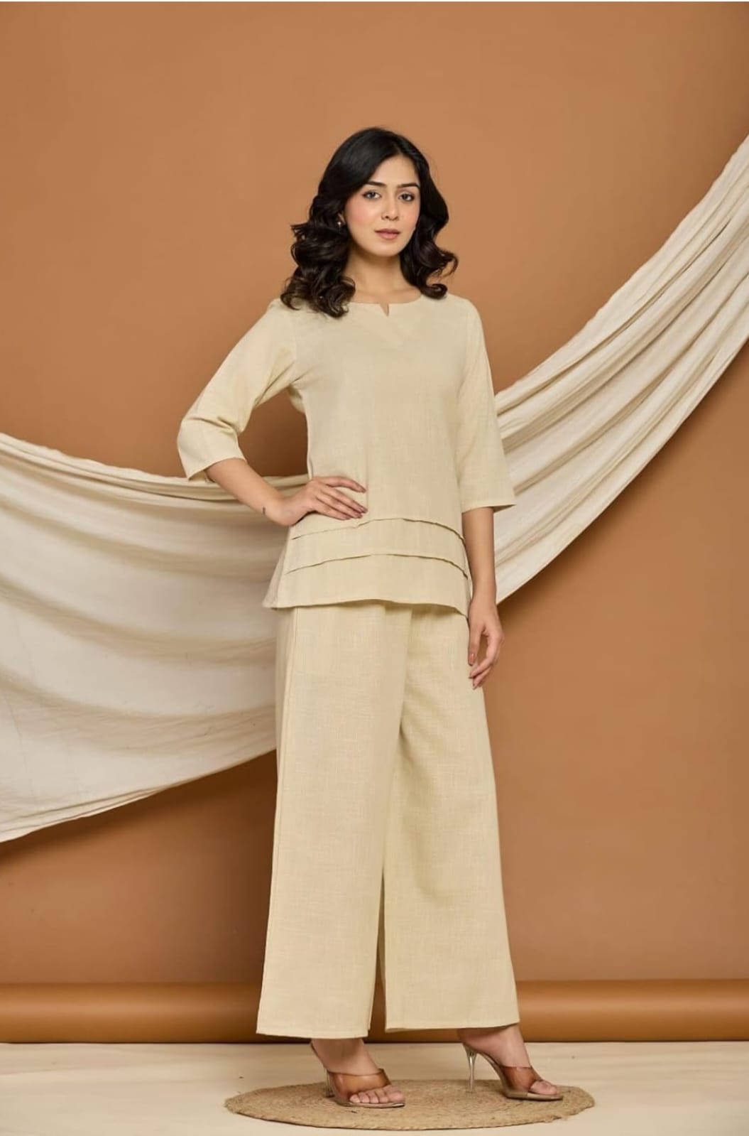 Elegant Beige Pure Cotton Co-ord Set for Women – V-Neck Top & Wide-Leg Pants