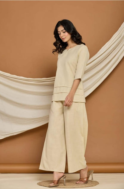 Elegant Beige Pure Cotton Co-ord Set for Women – V-Neck Top & Wide-Leg Pants