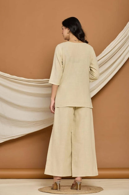 Elegant Beige Pure Cotton Co-ord Set for Women – V-Neck Top & Wide-Leg Pants