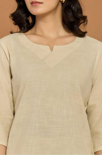 Elegant Beige Pure Cotton Co-ord Set for Women – V-Neck Top & Wide-Leg Pants