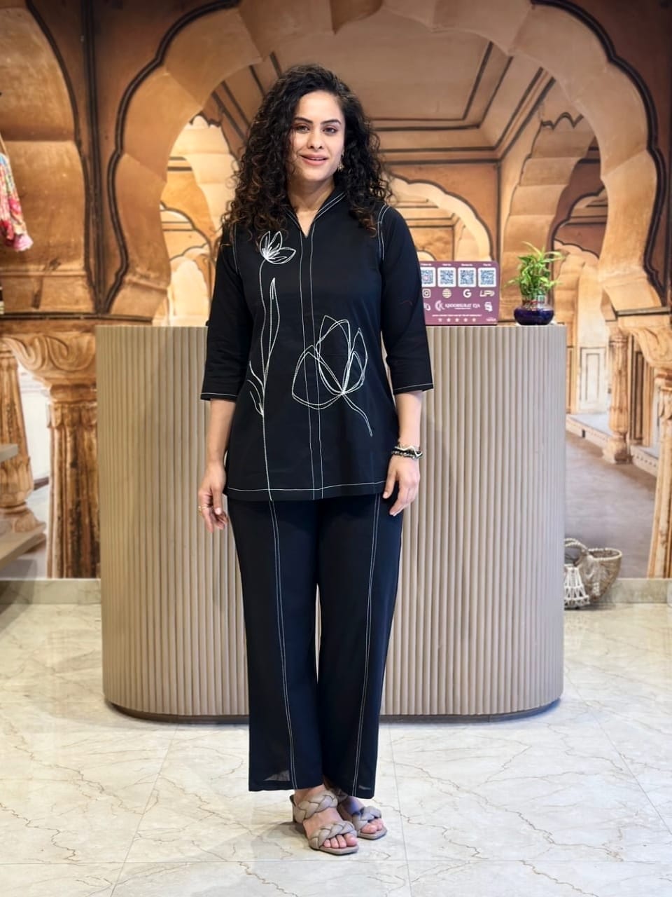 Elegant Black Embroidered Co-ord Set for Women – Stylish Floral Top & Straight Pants