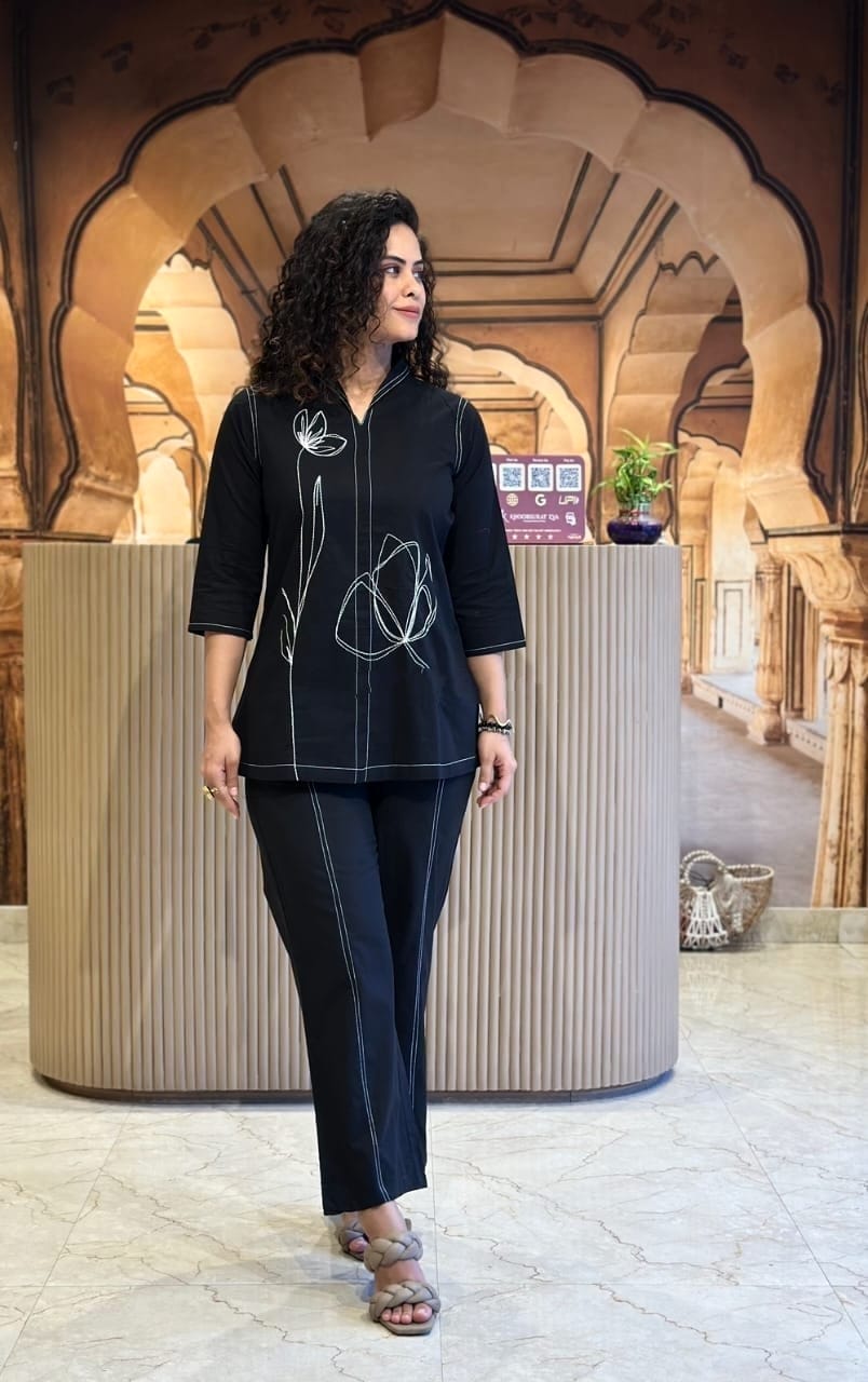 Elegant Black Embroidered Co-ord Set for Women – Stylish Floral Top & Straight Pants