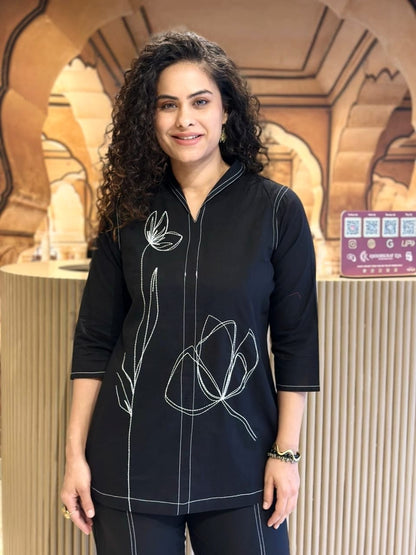 Elegant Black Embroidered Co-ord Set for Women – Stylish Floral Top & Straight Pants