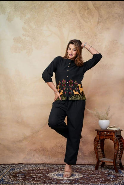 Black Deer Embroidered Co-ord Set for Women – Stylish Printed Top & Comfort Fit Pants
