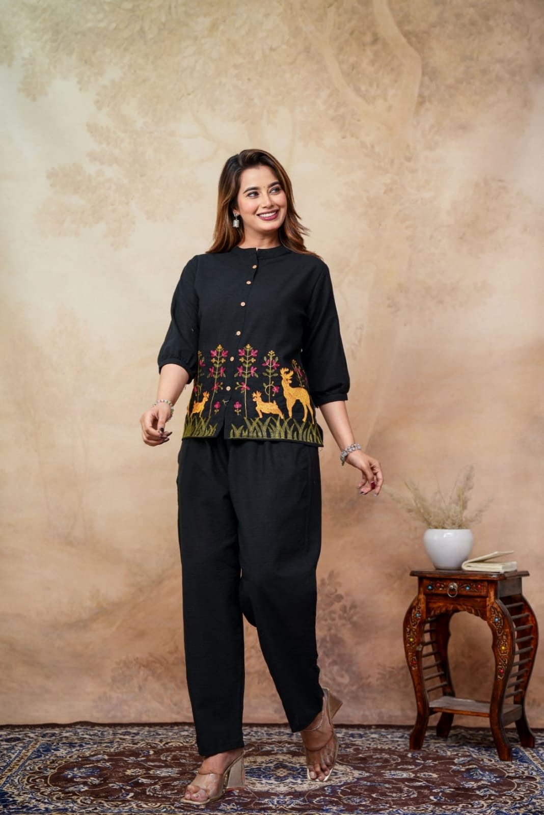 Black Deer Embroidered Co-ord Set for Women – Stylish Printed Top & Comfort Fit Pants