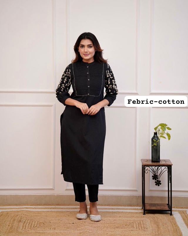 Black Cotton Embroidered Kurti with Printed Sleeves & Straight Pants for Women