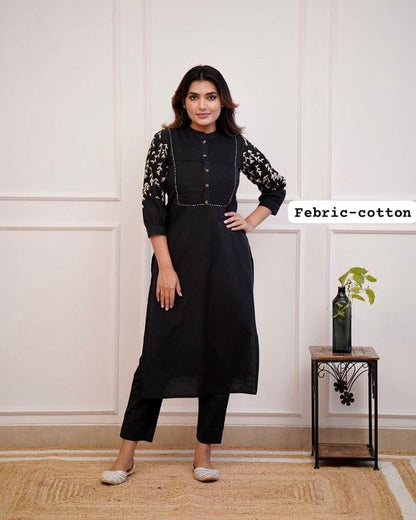 Black Cotton Embroidered Kurti with Printed Sleeves & Straight Pants for Women