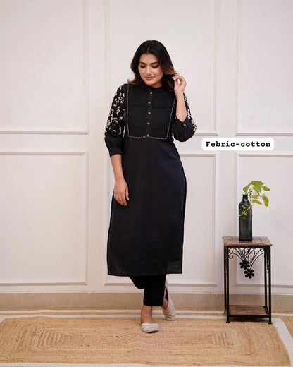 Black Cotton Embroidered Kurti with Printed Sleeves & Straight Pants for Women