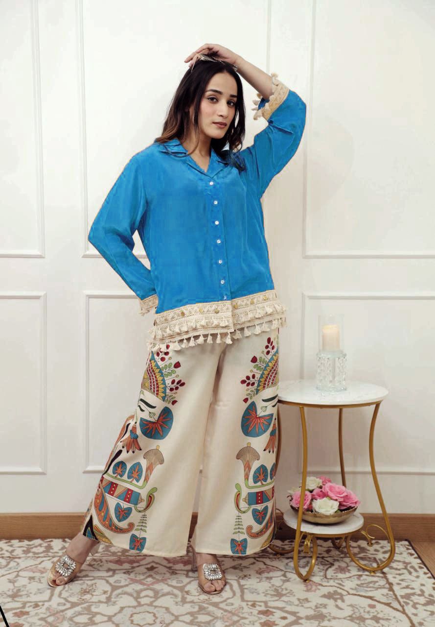 Royal Blue Short Kurta with Lace Hem & Artistic Printed Palazzo Pants Set for Women