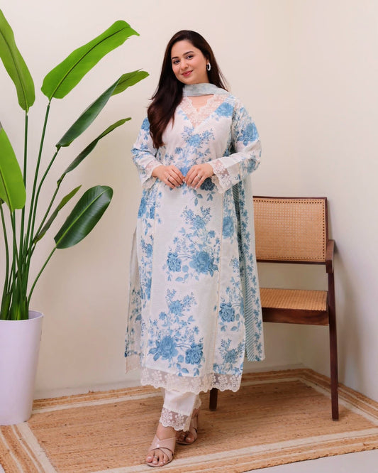 White & Sky Blue Floral Printed 3-Piece Lawn Suit with Lace Details for Women