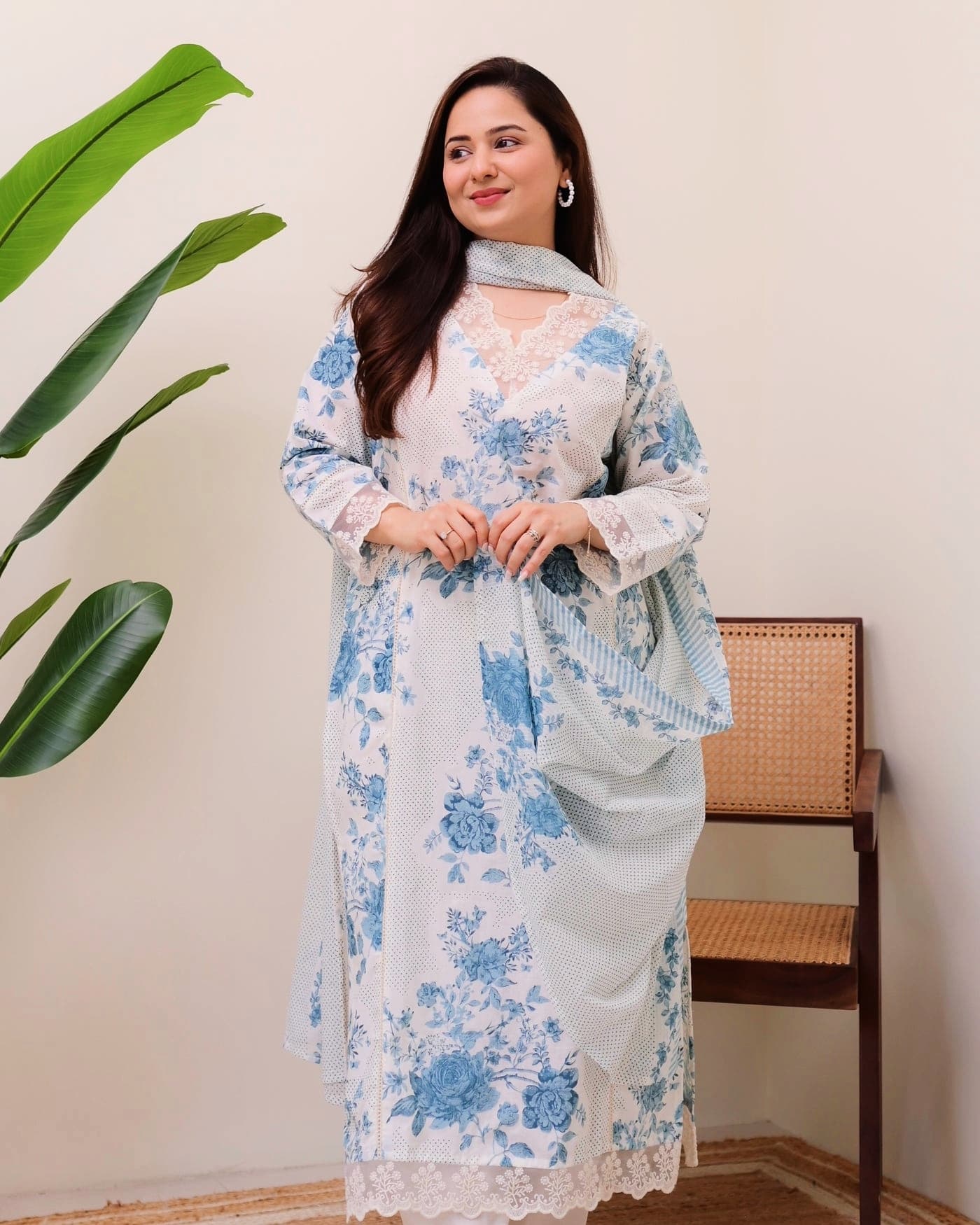 White & Sky Blue Floral Printed 3-Piece Lawn Suit with Lace Details for Women