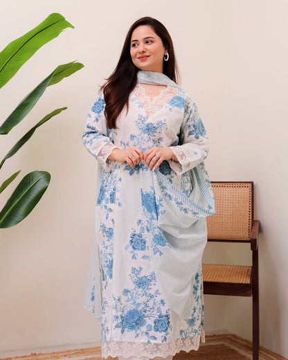 White & Sky Blue Floral Printed 3-Piece Lawn Suit with Lace Details for Women